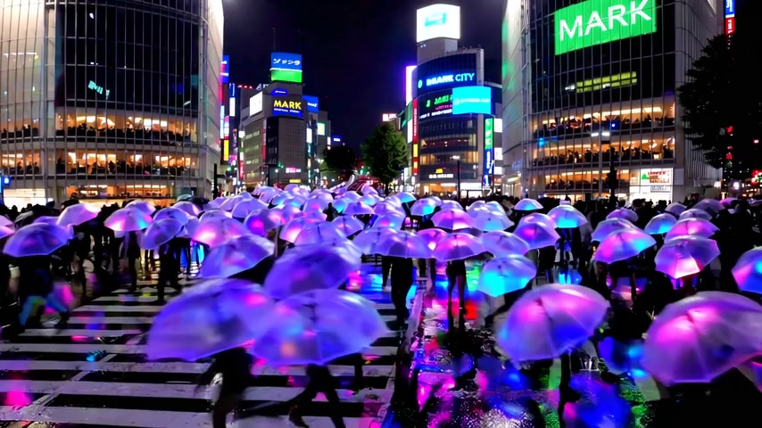 Shibuya's Neon Umbrella Dance